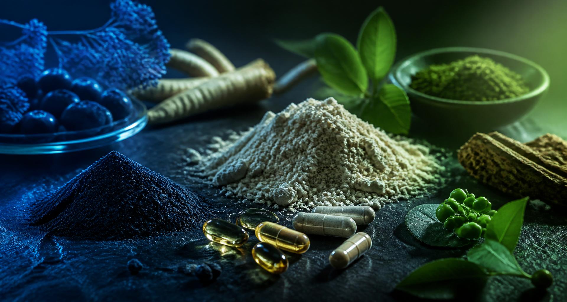 Natural supplement ingredients lit with blue and green light